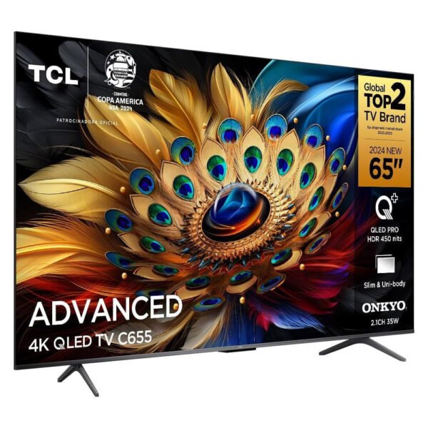 ront view of TCL 65C655 showing promotional display and branding