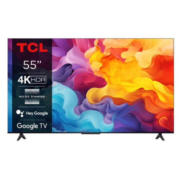 TCL 55V6B 55-inch 4K UHD Google TV front view showing HDR screen display