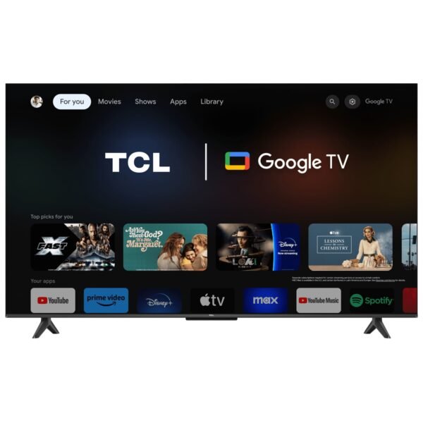 TCL 55V6B Google TV home interface with streaming app icons