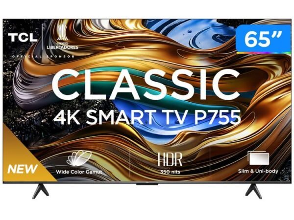 TCL 65P755 front view with branding and feature text tags
