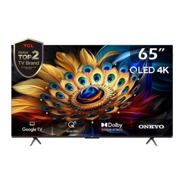 Front view of TCL 65C655 showing promotional display and branding