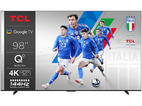 TCL 98C655 98-inch QLED screen showing vivid home-screen graphics
