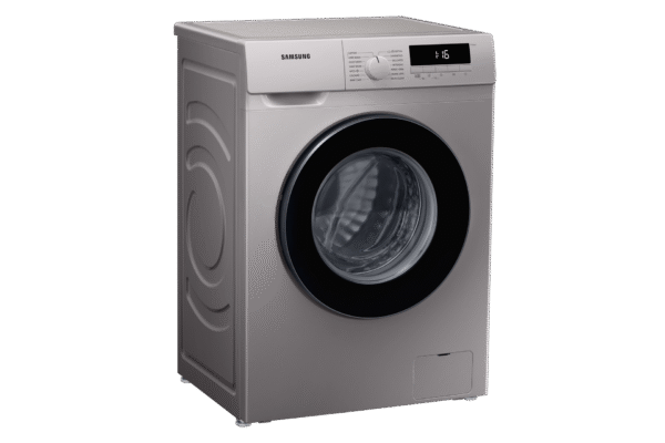Samsung WW80T3040BS/NQ front-load washer angled side view silver finish