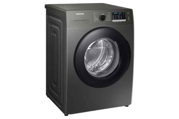 Samsung WW90TA046AX/NQ angled side view with black door and LED panel