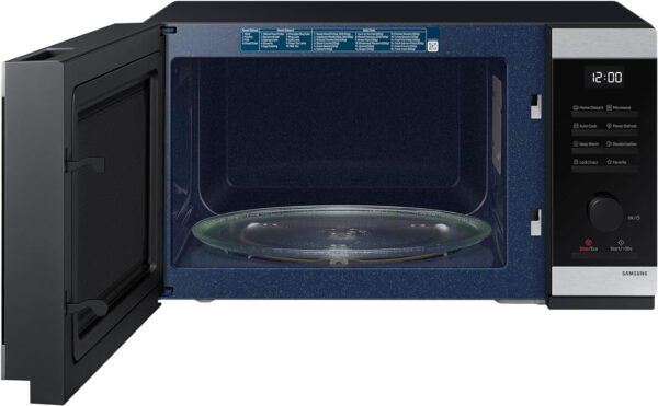 Samsung MG32DG4524ATE1 microwave with door open showing ceramic enamel cavity interior and turntable